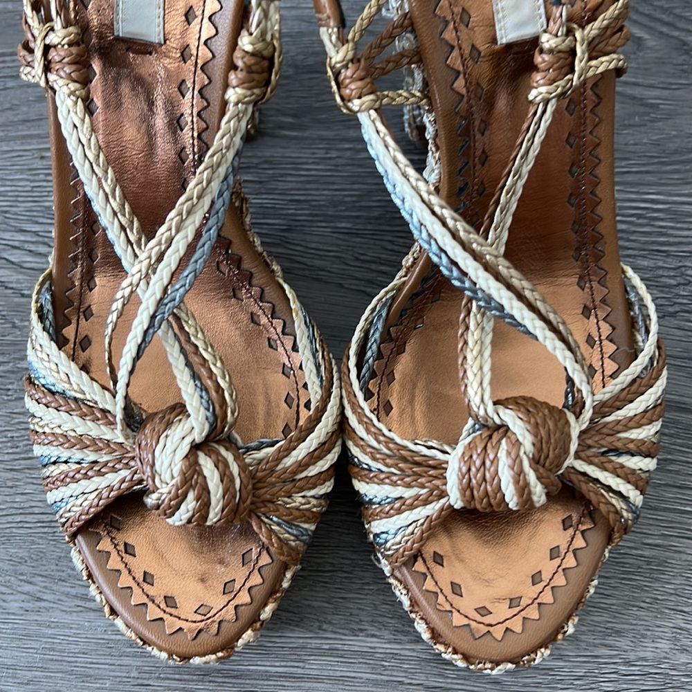 Prada Brown, Tan and Cream Braided Platform Sandals - Picture 9 of 14